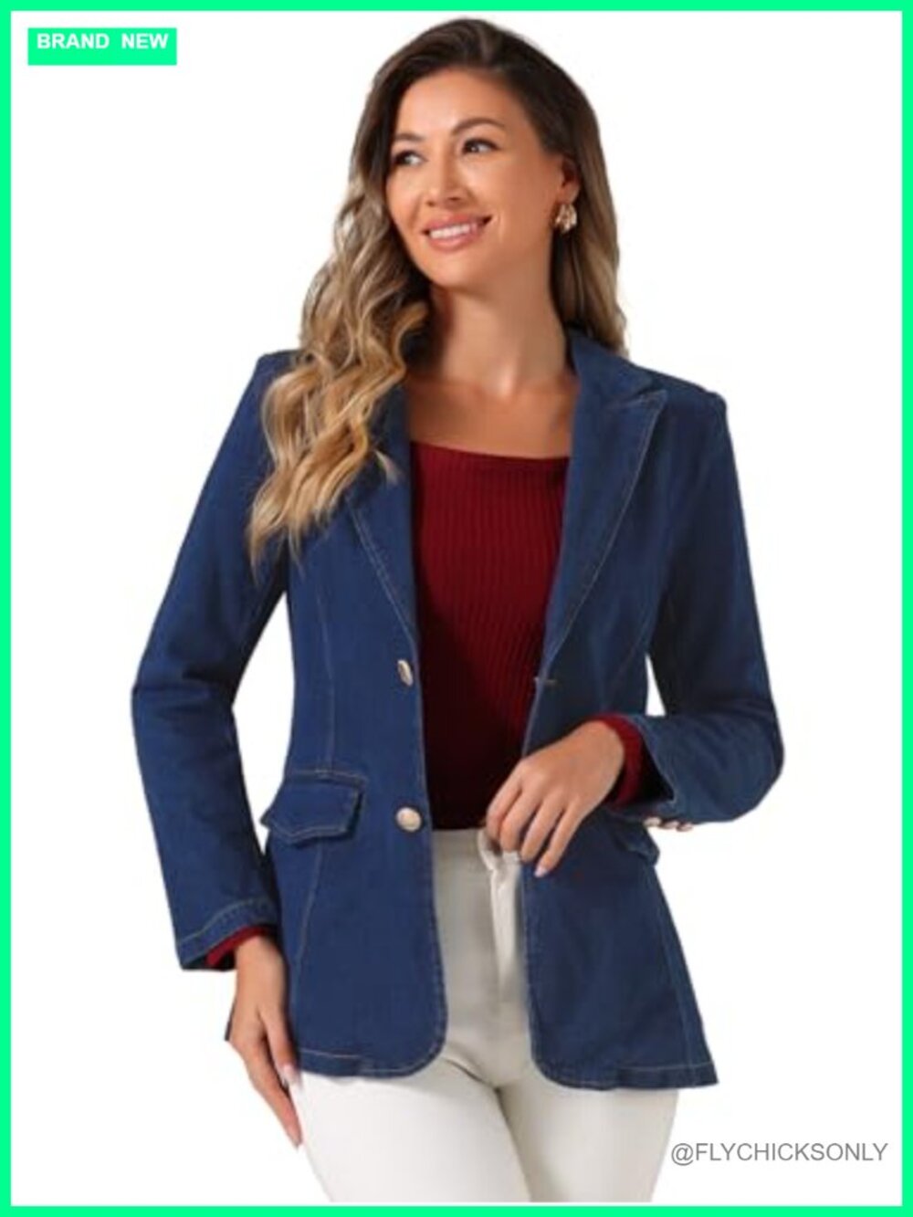 Notched Lapel Denim Blazer Single Breasted Flap Pockets Business Casual